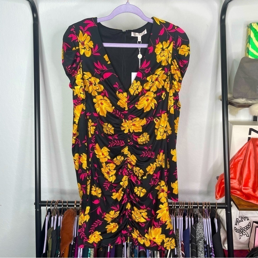 WAYF Black Floral Puff Sleeve Ruched Dress